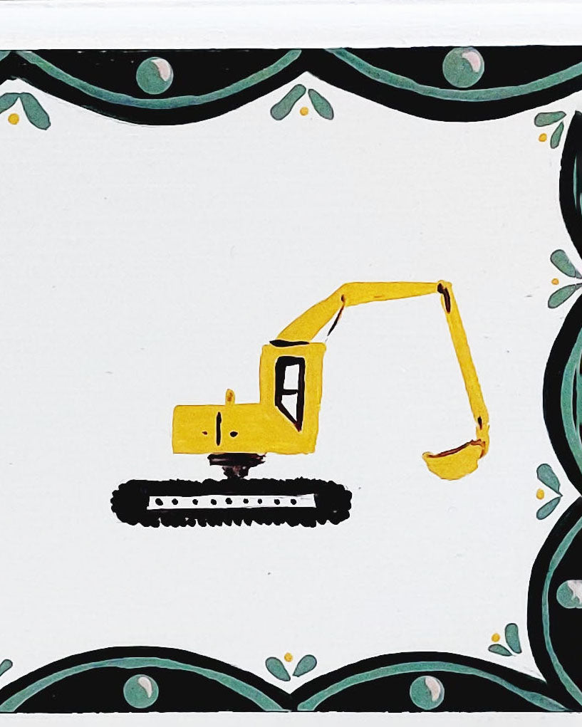 Nursery door sign personalised with the name 'Otto', featuring construction diggers and a decorative blue and green scallop border, perfect for baby room decor.