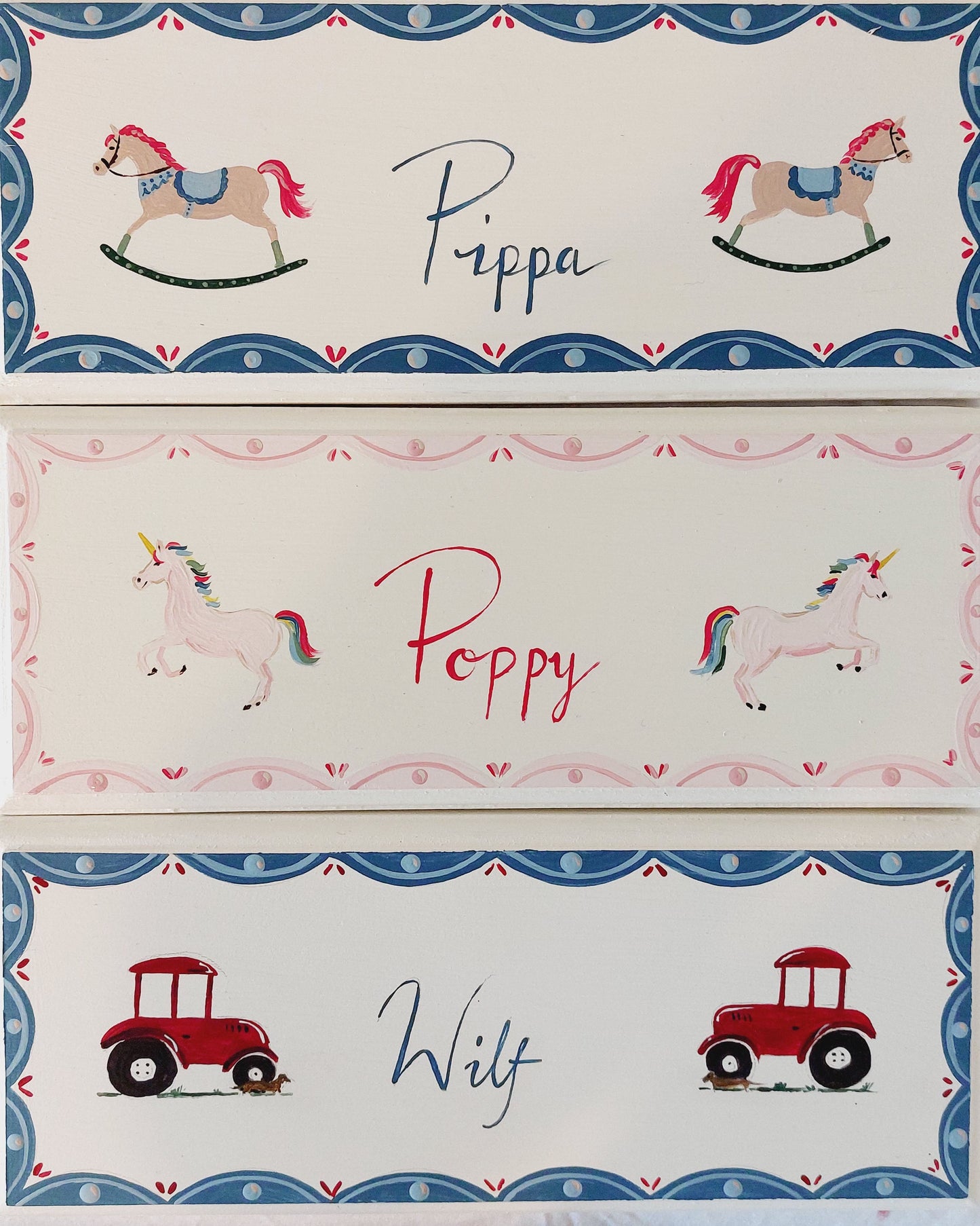 A collection of Nursery door sign personalised with different names and decorations. Perfect for baby room decor.