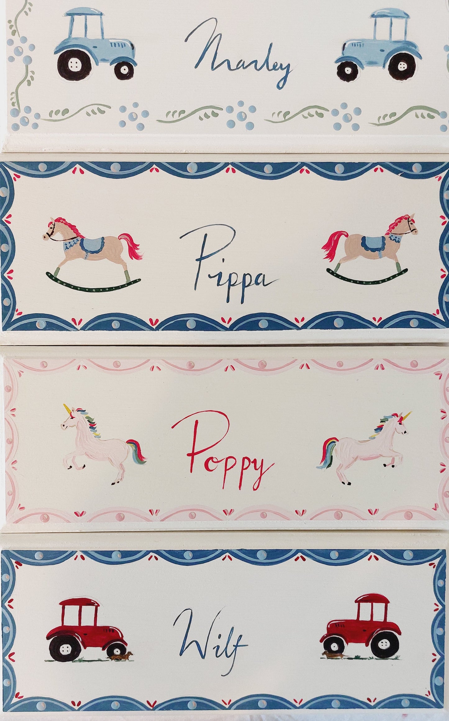 A collection of Nursery door sign personalised with different names and decorations. Perfect for baby room decor.