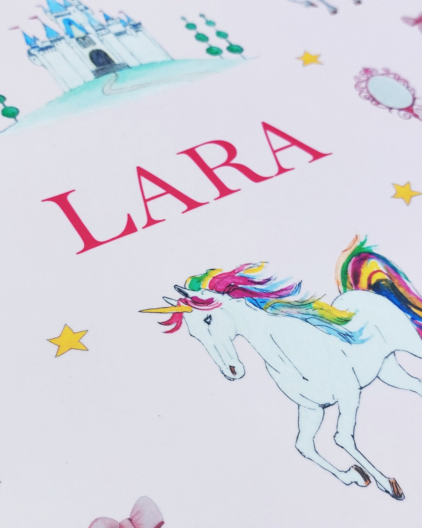 Hand-painted watercolour melamine placemat featuring various princess and unicorns, cork-backed and heat-resistant, ideal for kids' meals, made in the UK.