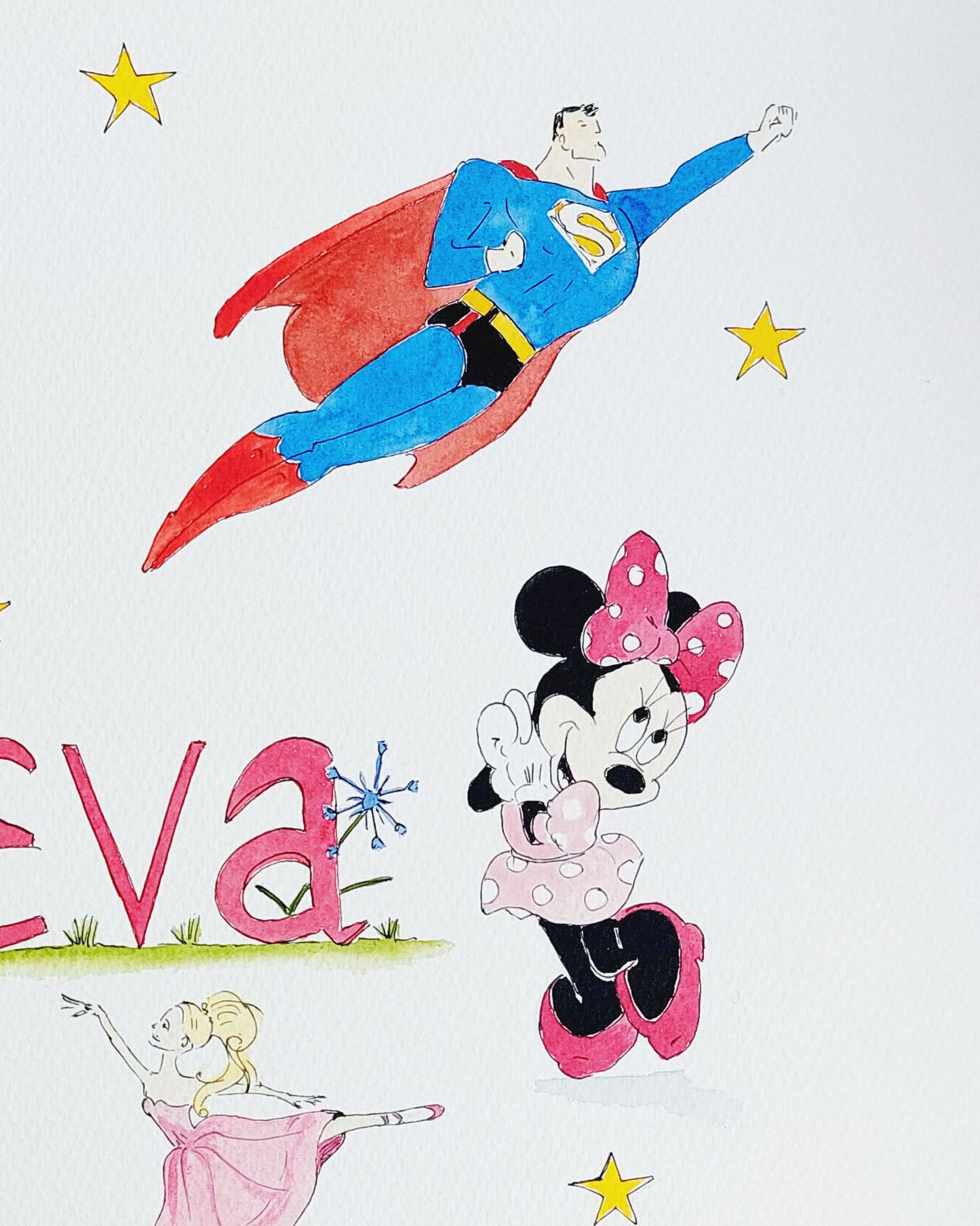 Custom hand-painted watercolour name painting featuring personalised cartoon character illustrations, ideal for nursery wall art and children's room decor.