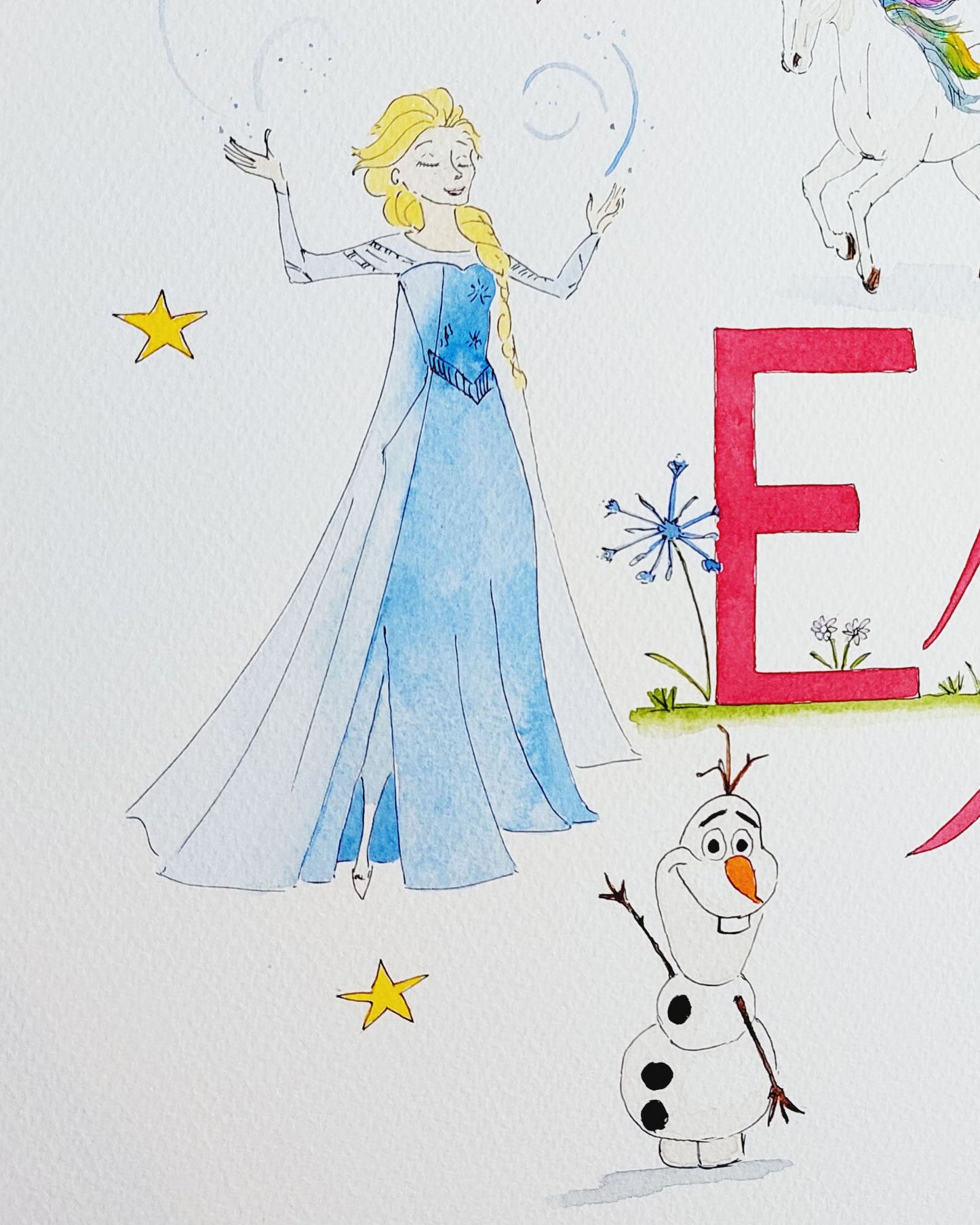 Custom hand-painted watercolour name painting featuring personalised cartoon character illustrations, ideal for nursery wall art and children's room decor.