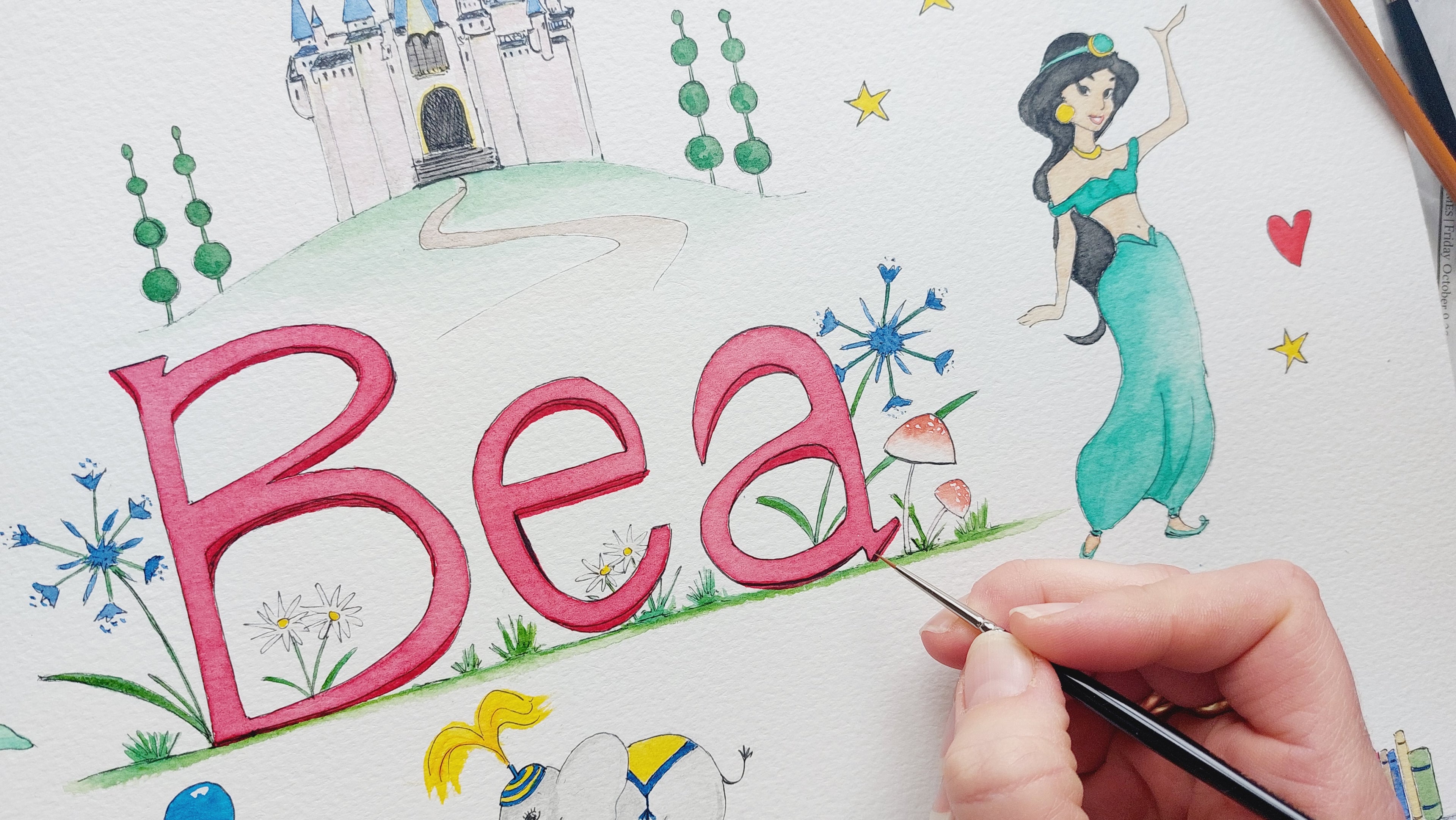 A hand-painted watercolour featuring the name 'Bea' and a princess design