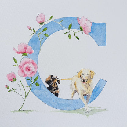 A hand-painted watercolour featuring different dogs and the initial 'C'.