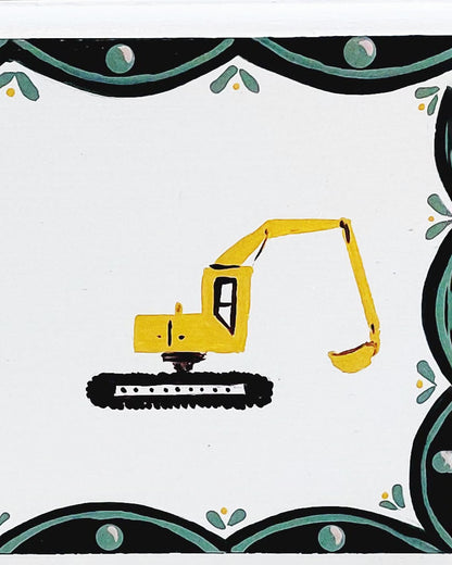 Nursery door sign personalised with the name 'Otto', featuring construction diggers and a decorative blue and green scallop border, perfect for baby room decor.