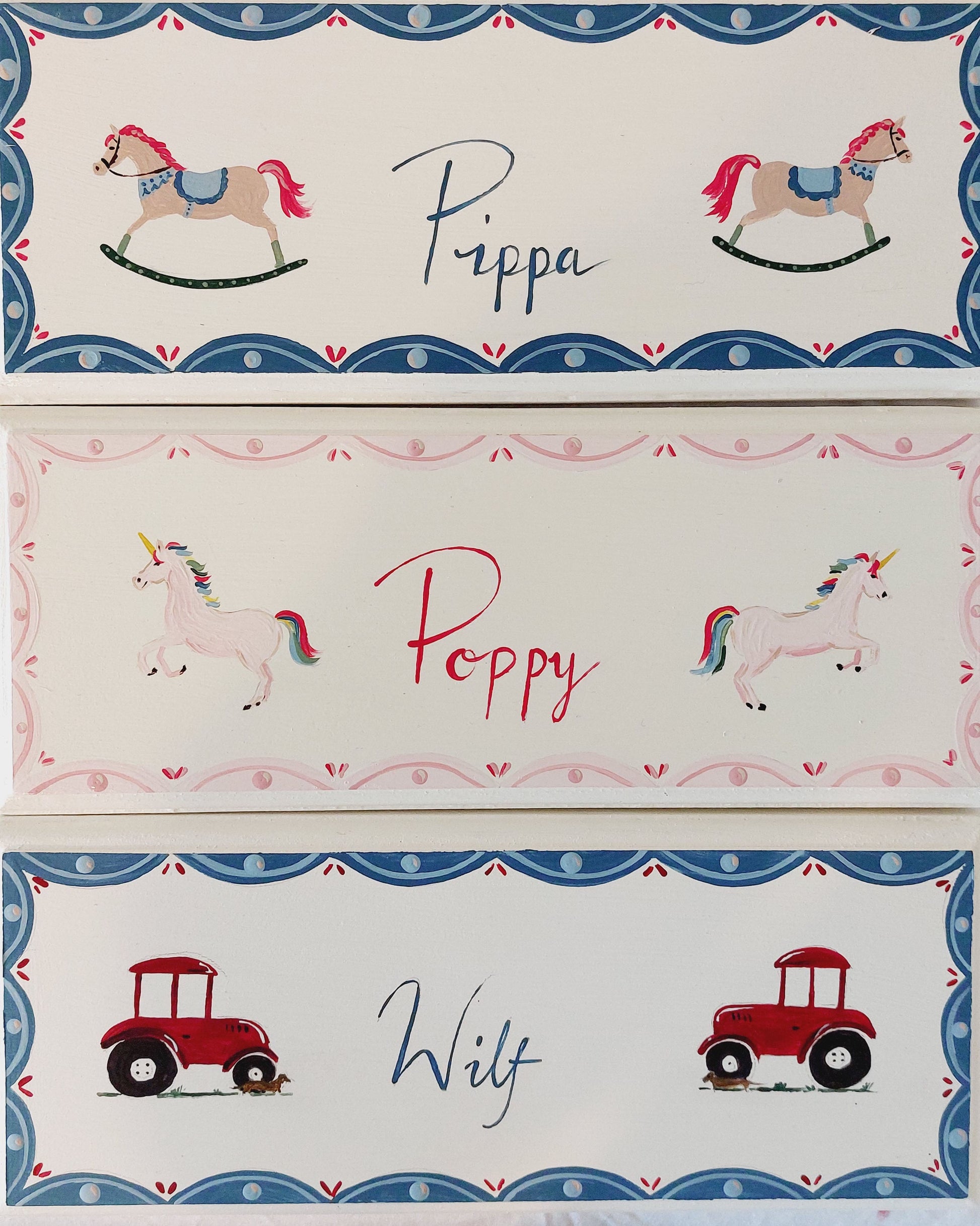 A collection of Nursery door sign personalised with different names and decorations. Perfect for baby room decor.
