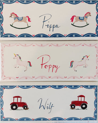 A collection of Nursery door sign personalised with different names and decorations. Perfect for baby room decor.