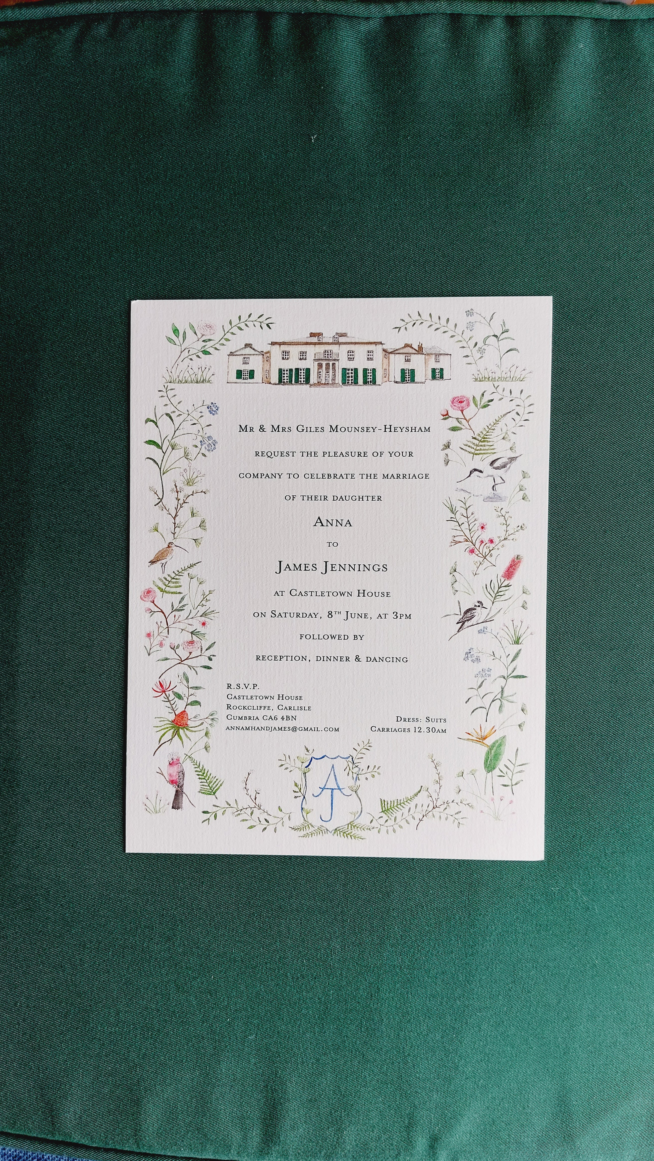 A wedding invitation with custom illustrations from the couples life on the edge