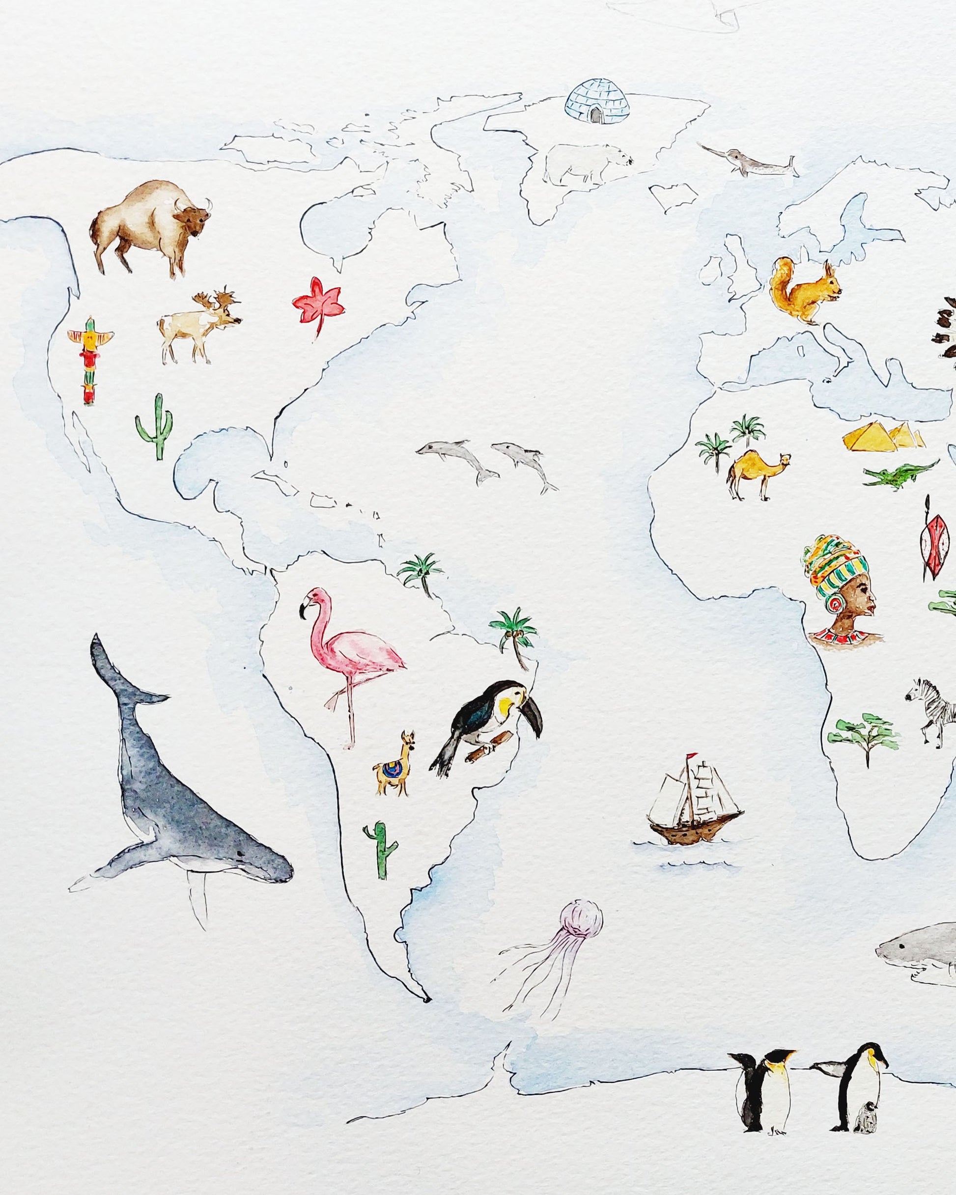 Personalised world map print with wildlife illustrations, educational nursery wall art.