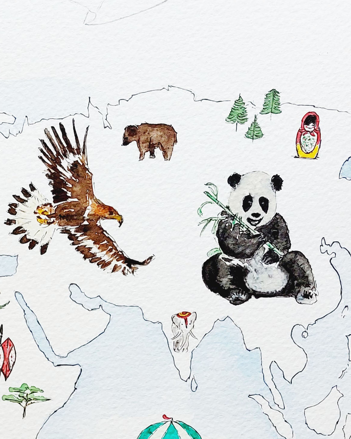 Personalised world map print with wildlife illustrations, educational nursery wall art.