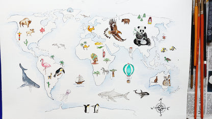 Personalised world map print with wildlife illustrations, educational nursery wall art.