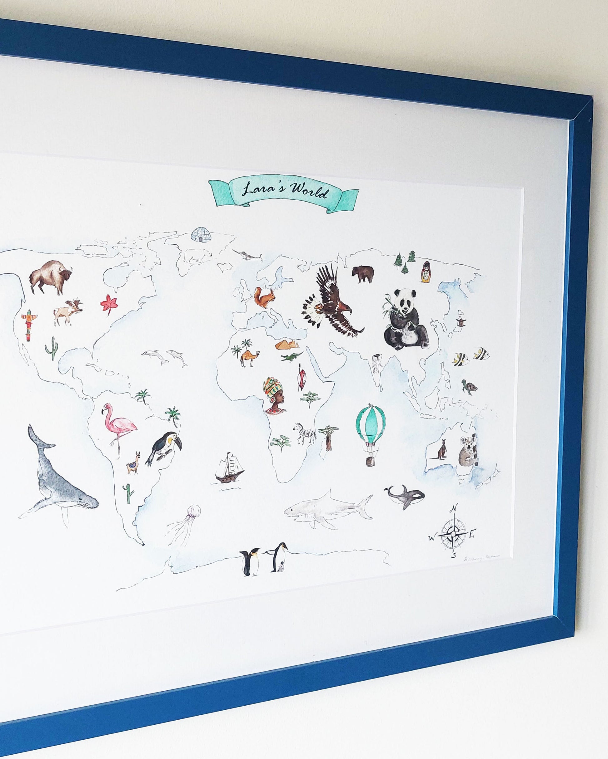 Personalised world map print with wildlife illustrations, educational nursery wall art.