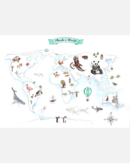 Personalised world map print with wildlife illustrations, educational nursery wall art.