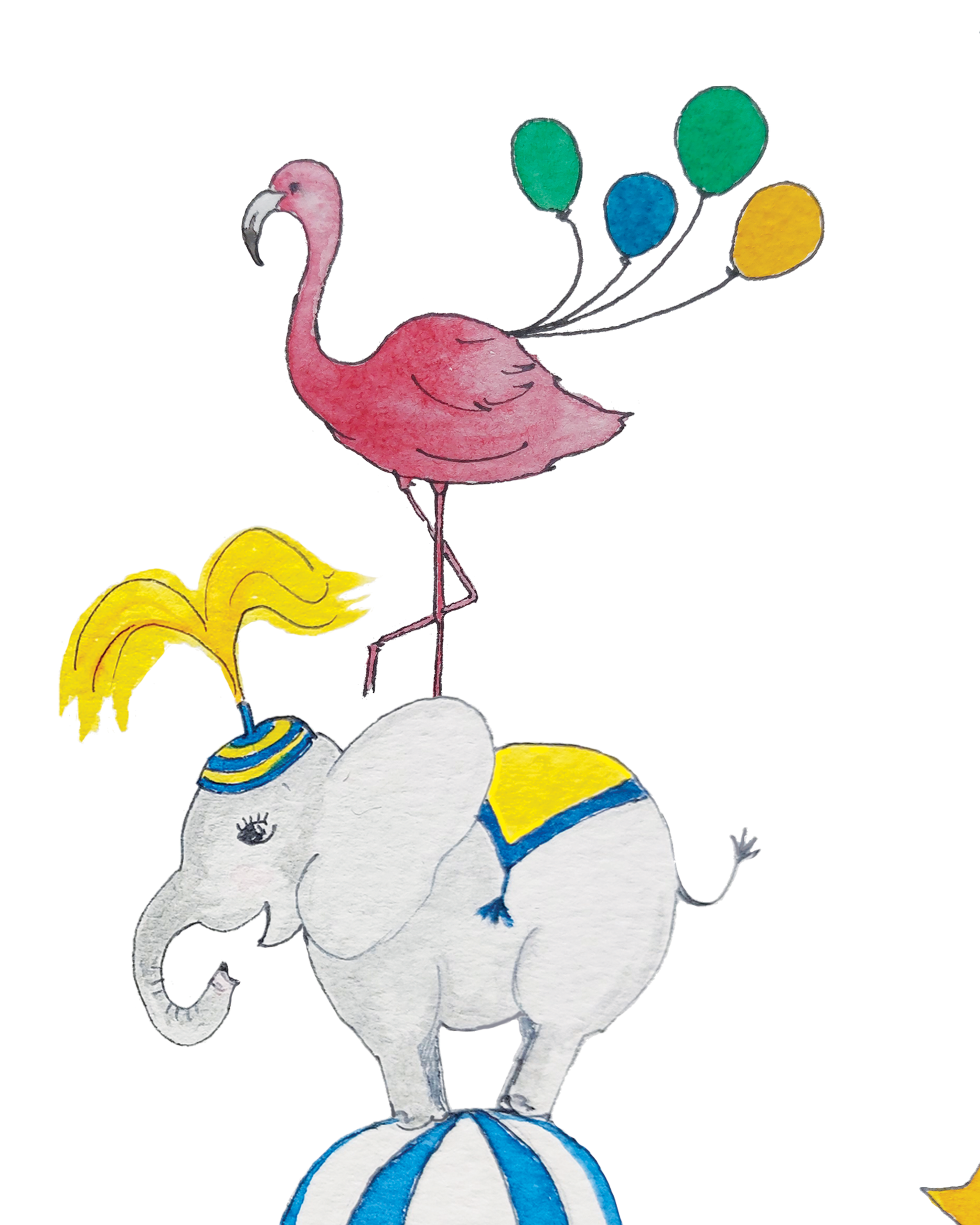 Balancing act print of circus animals - tigers, elephants, and flamingo in watercolour, perfect nursery wall decor.