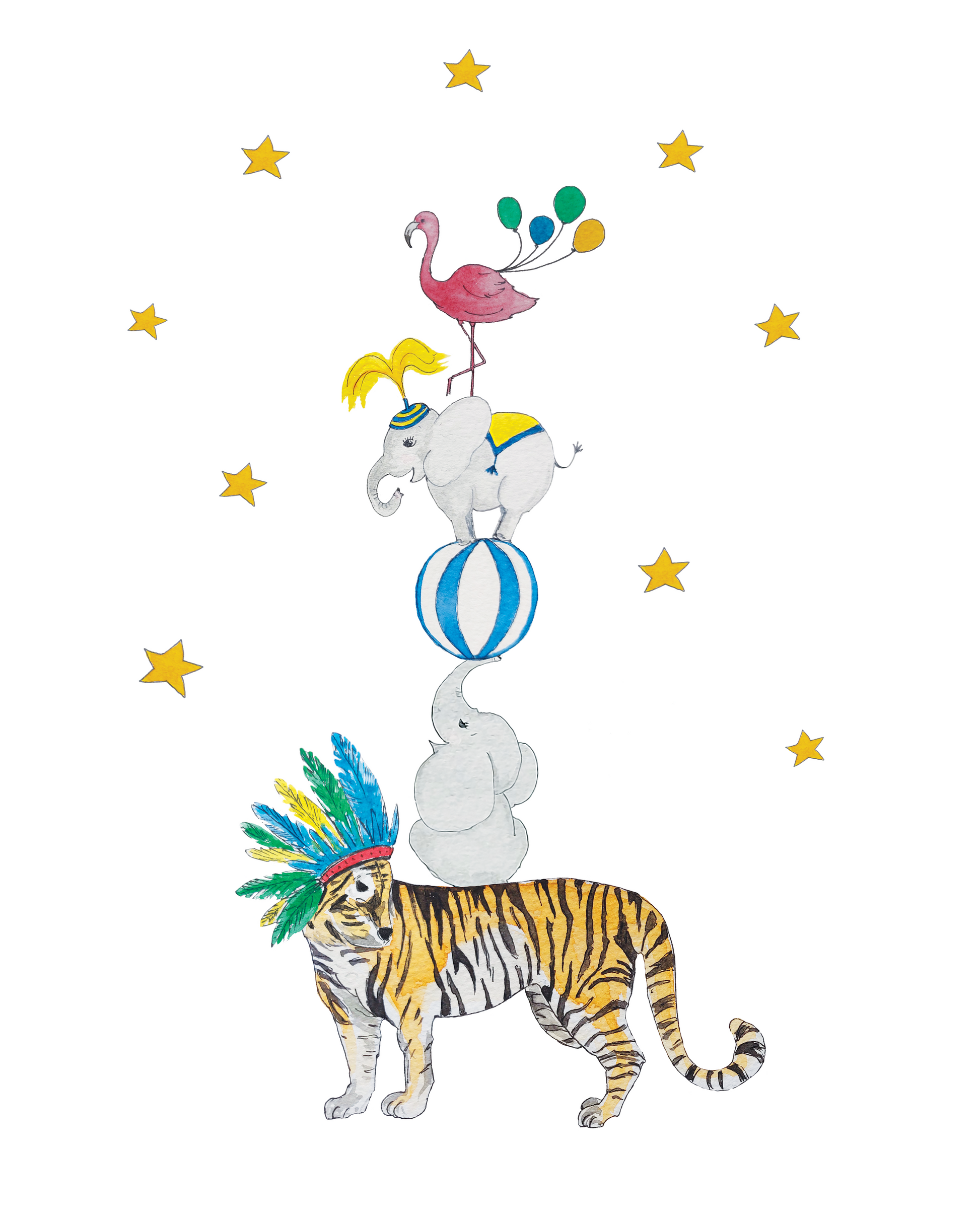 Balancing act print of circus animals - tigers, elephants, and flamingo in watercolour, perfect nursery wall decor.