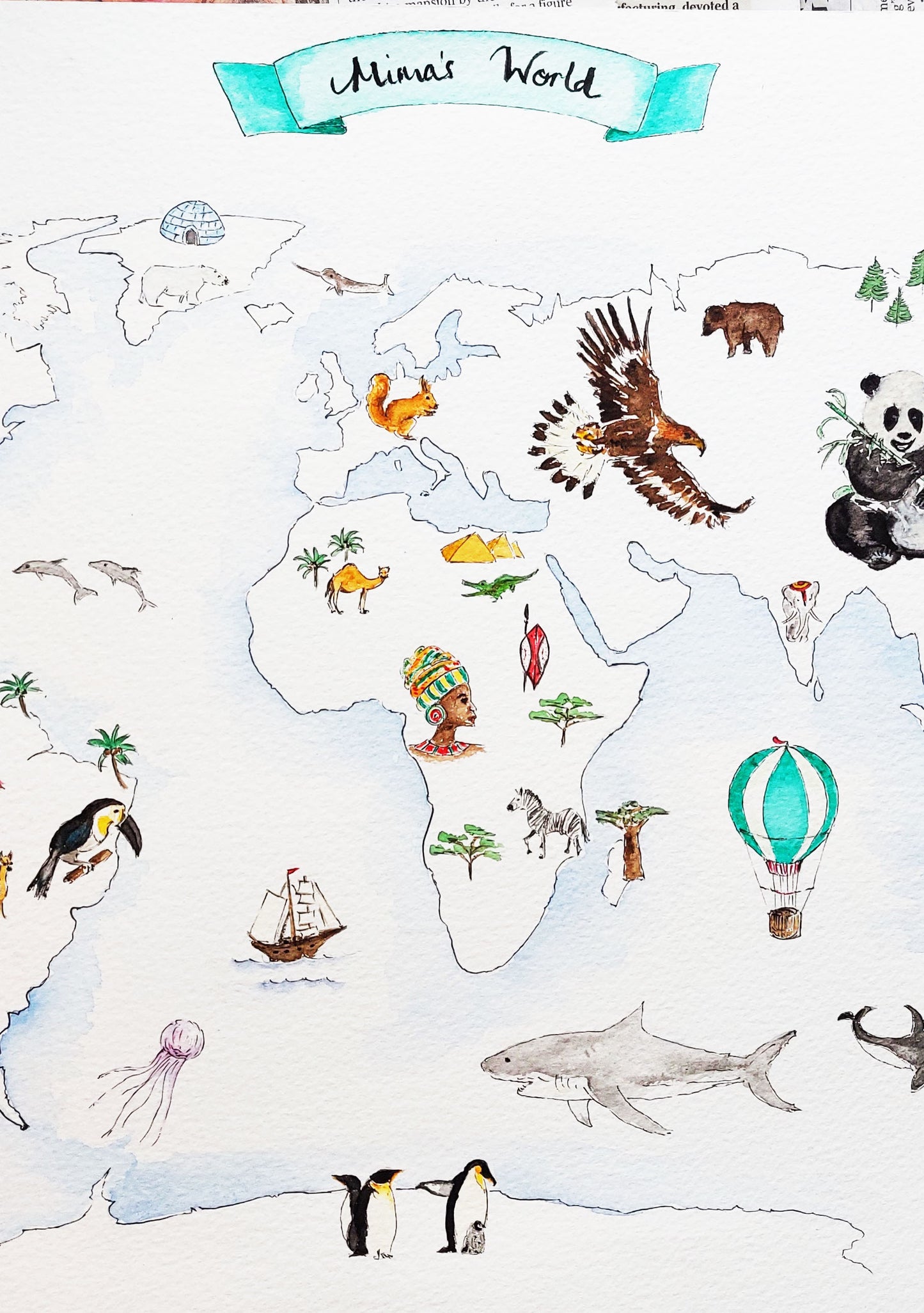 Personalised world map print with wildlife illustrations, educational nursery wall art.