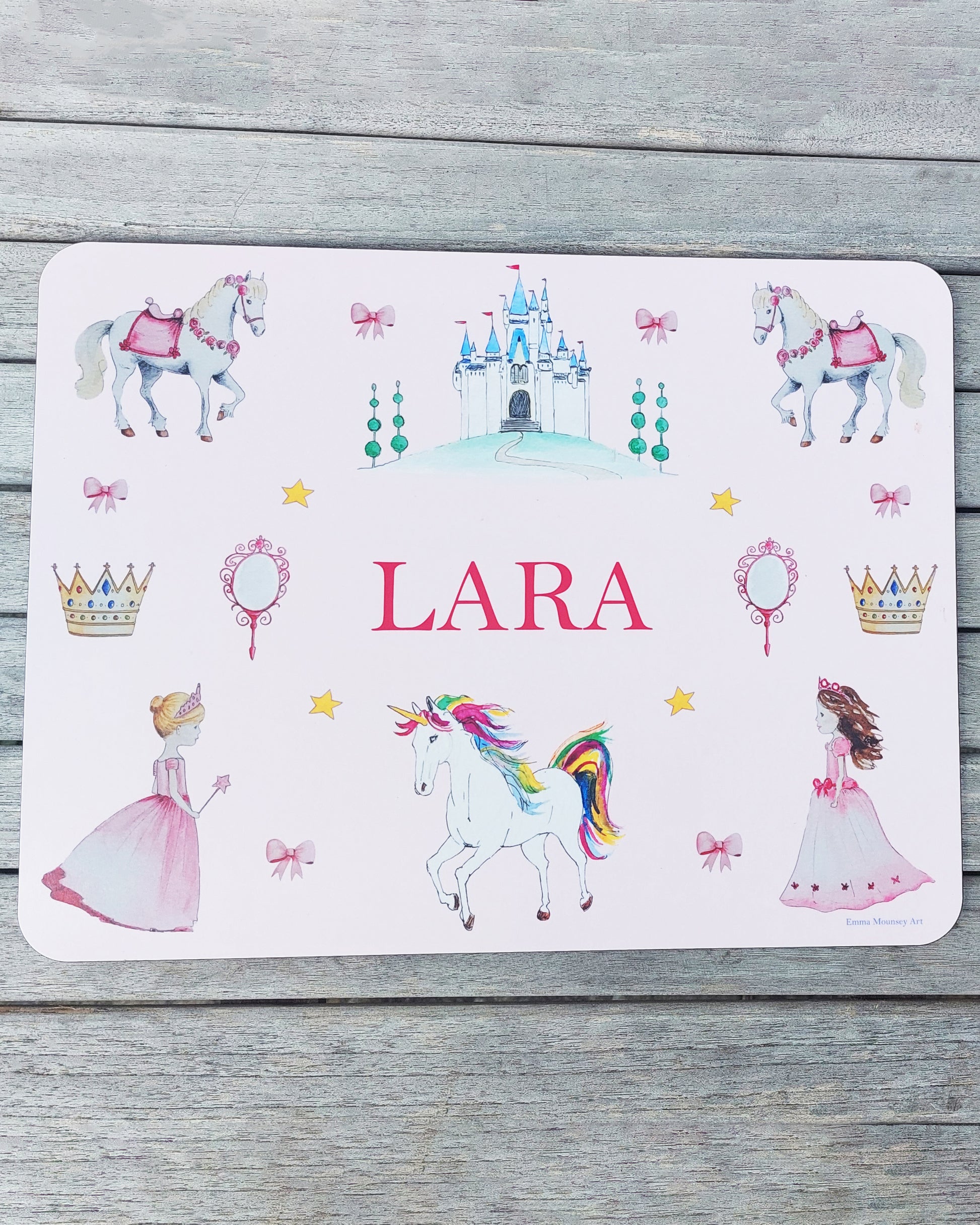 Hand-painted watercolour melamine placemat featuring various princess and unicorns, cork-backed and heat-resistant, ideal for kids' meals, made in the UK.