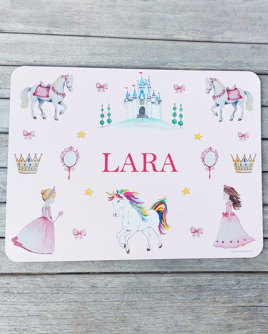 Hand-painted watercolour melamine placemat featuring various princess and unicorns, cork-backed and heat-resistant, ideal for kids' meals, made in the UK.