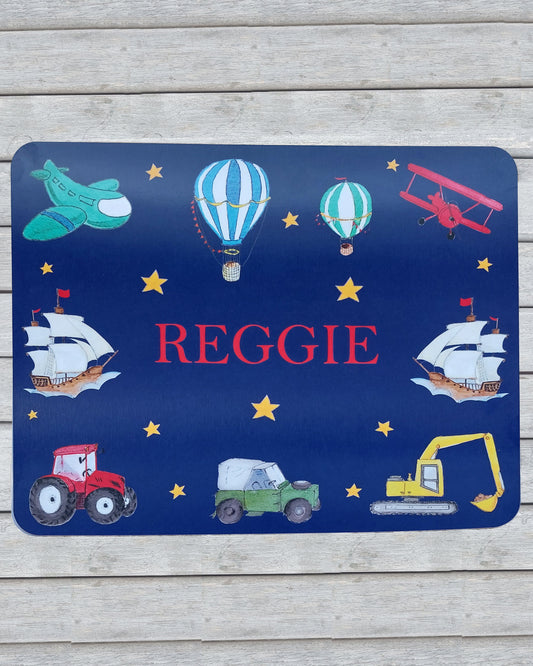 Hand-painted watercolour melamine placemat featuring various vehicles, cork-backed and heat-resistant, ideal for kids' meals, made in the UK.