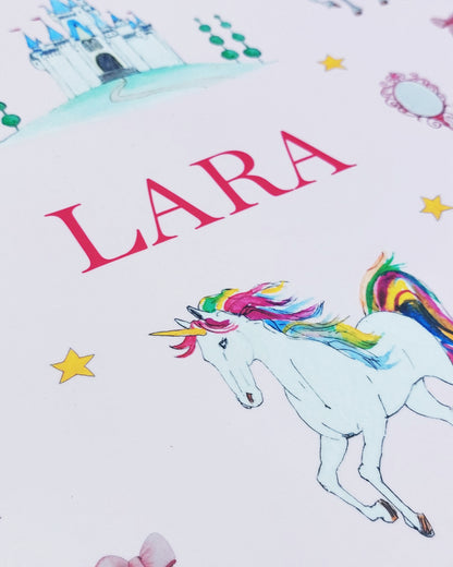 Hand-painted watercolour melamine placemat featuring various princess and unicorns, cork-backed and heat-resistant, ideal for kids' meals, made in the UK.