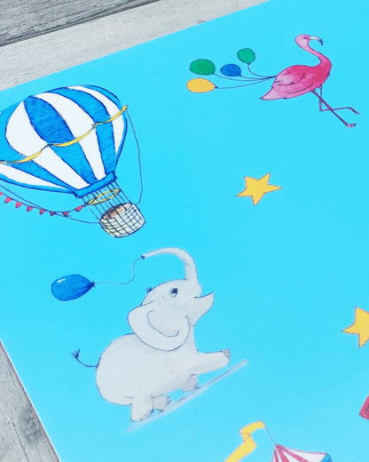 Hand-painted watercolour melamine placemat featuring various circus animals and tents, cork-backed and heat-resistant, ideal for kids' meals, made in the UK.