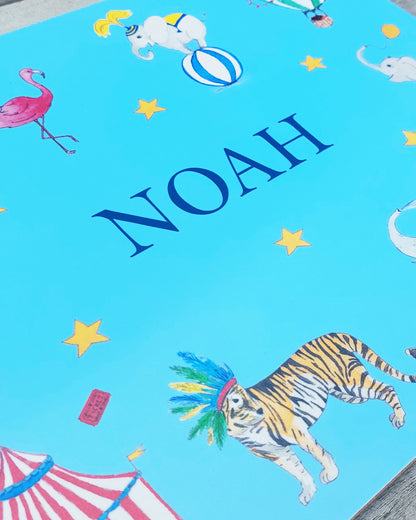 Hand-painted watercolour melamine placemat featuring various circus animals and tents, cork-backed and heat-resistant, ideal for kids' meals, made in the UK.