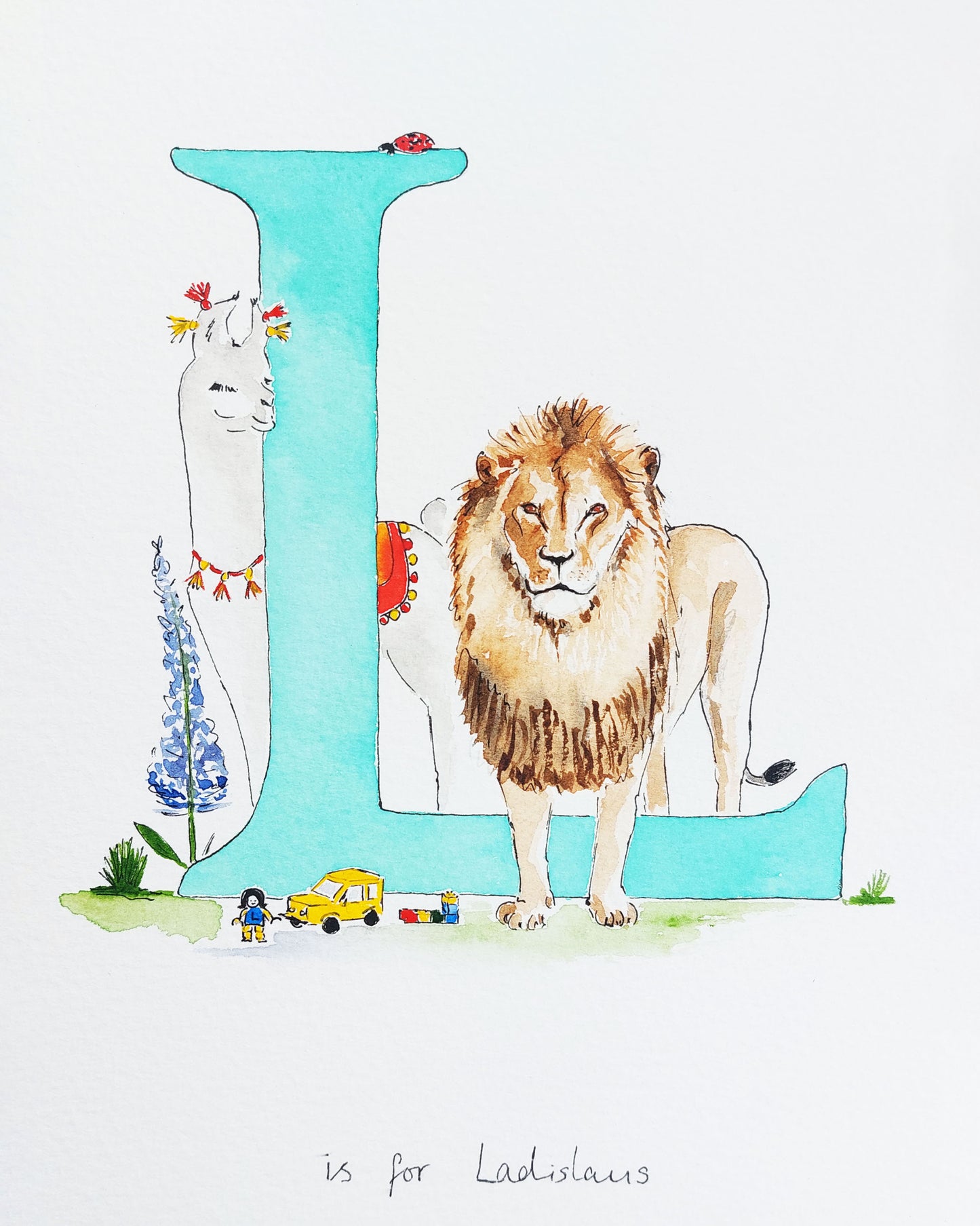 Hand-painted nursery personalised initial watercolour with the initial 'L', featuring whimsical llama, lion and ladybird. Perfect for baby room decor.