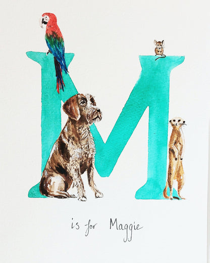 Hand-painted nursery personalised initial watercolour with the initial 'M', featuring whimsical parrot, mouse, dog and meerkat. Perfect for baby room decor.