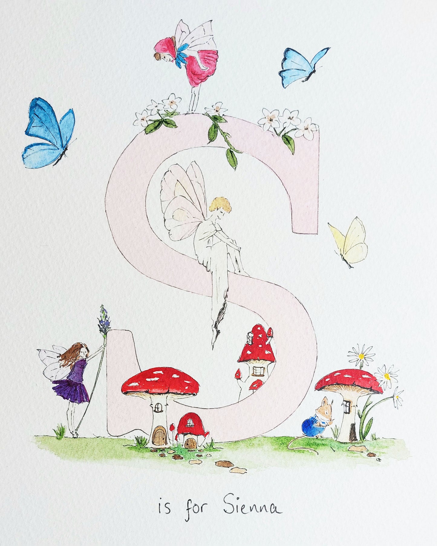 Hand-painted nursery personalised initial watercolour with the initial 'S', featuring fairies, butterflies and toadstool houses. Perfect for baby room decor.