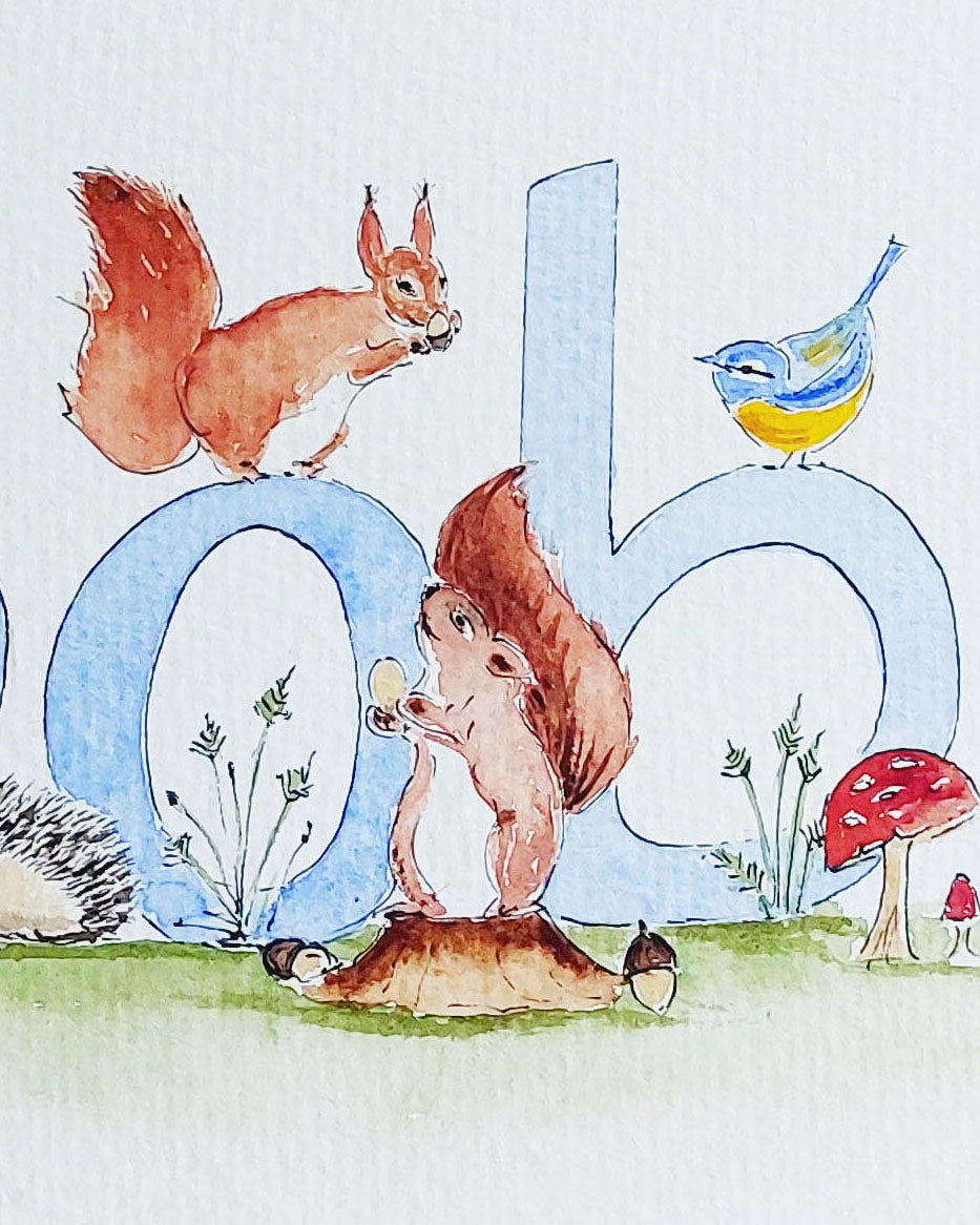 Hand-painted watercolour name painting for nursery decor, featuring the name 'Bob', personalised with a woodland animals theme, perfect for children's room wall art.