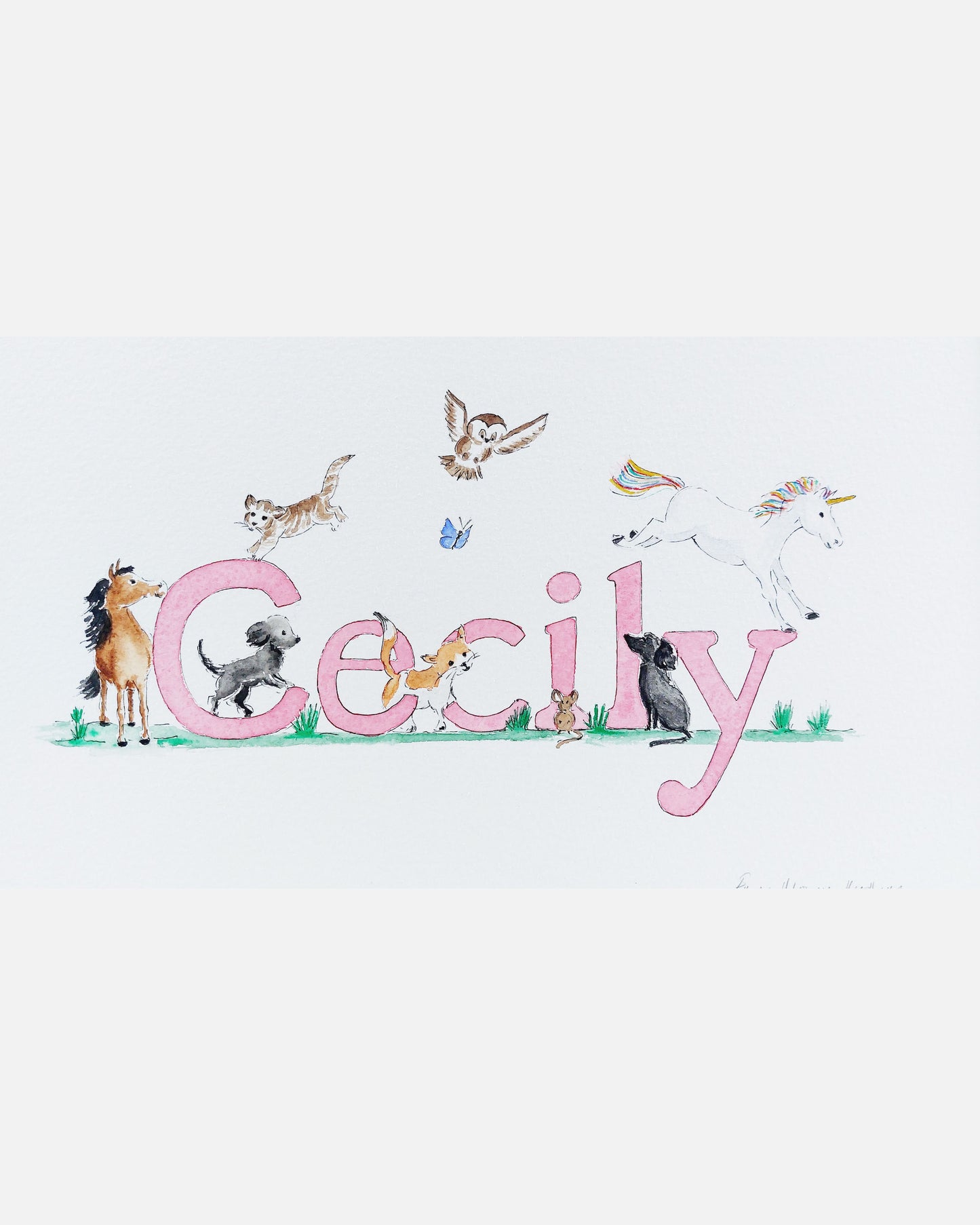 Hand-painted watercolour name painting for nursery decor, featuring the name 'Cecily', personalised with a unicorn and aniamls theme, perfect for children's room wall art.