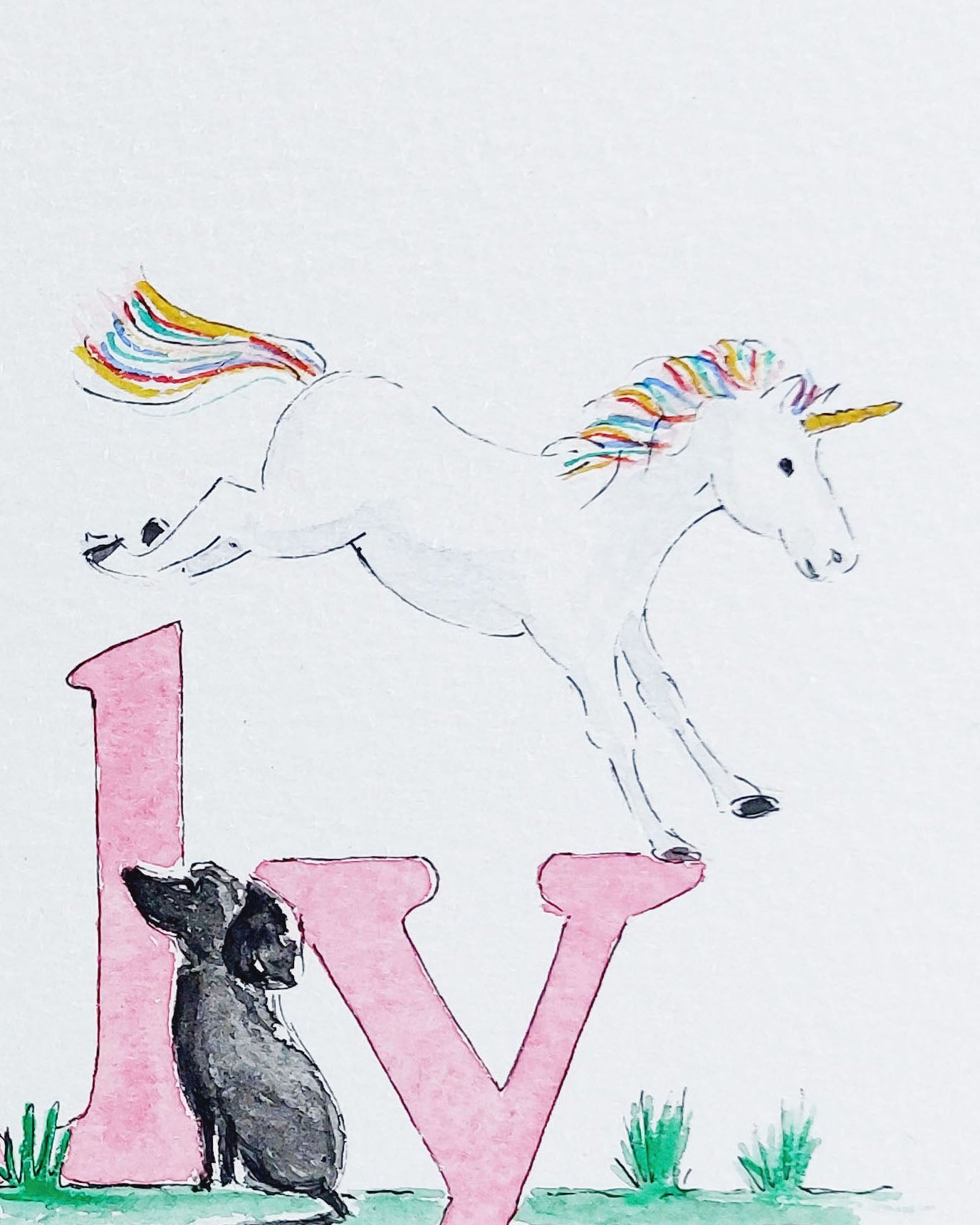 Hand-painted watercolour name painting for nursery decor, featuring the name 'Cecily', personalised with a unicorn and aniamls theme, perfect for children's room wall art.