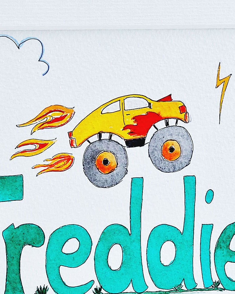 Hand-painted watercolour name painting for nursery decor, featuring the name 'Freddie', personalised with a monster trucks theme, perfect for children's room wall art.