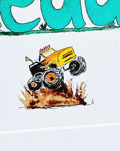 Hand-painted watercolour name painting for nursery decor, featuring the name 'Freddie', personalised with a monster trucks theme, perfect for children's room wall art.