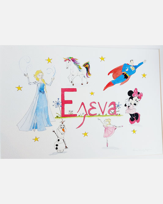 Hand-painted watercolour name painting for nursery decor, personalised with a custom theme, perfect for children's room wall art.