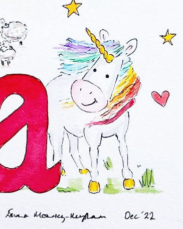 Hand-painted watercolour name painting for nursery decor, featuring the name 'Amelia', personalised with a unicorn and animals theme, perfect for children's room wall art.