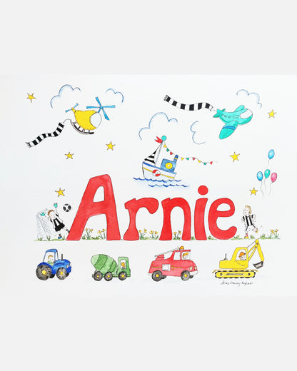Hand-painted watercolour name painting for nursery decor, featuring the name 'Arnie', personalised with a vehicles theme, perfect for children's room wall art.