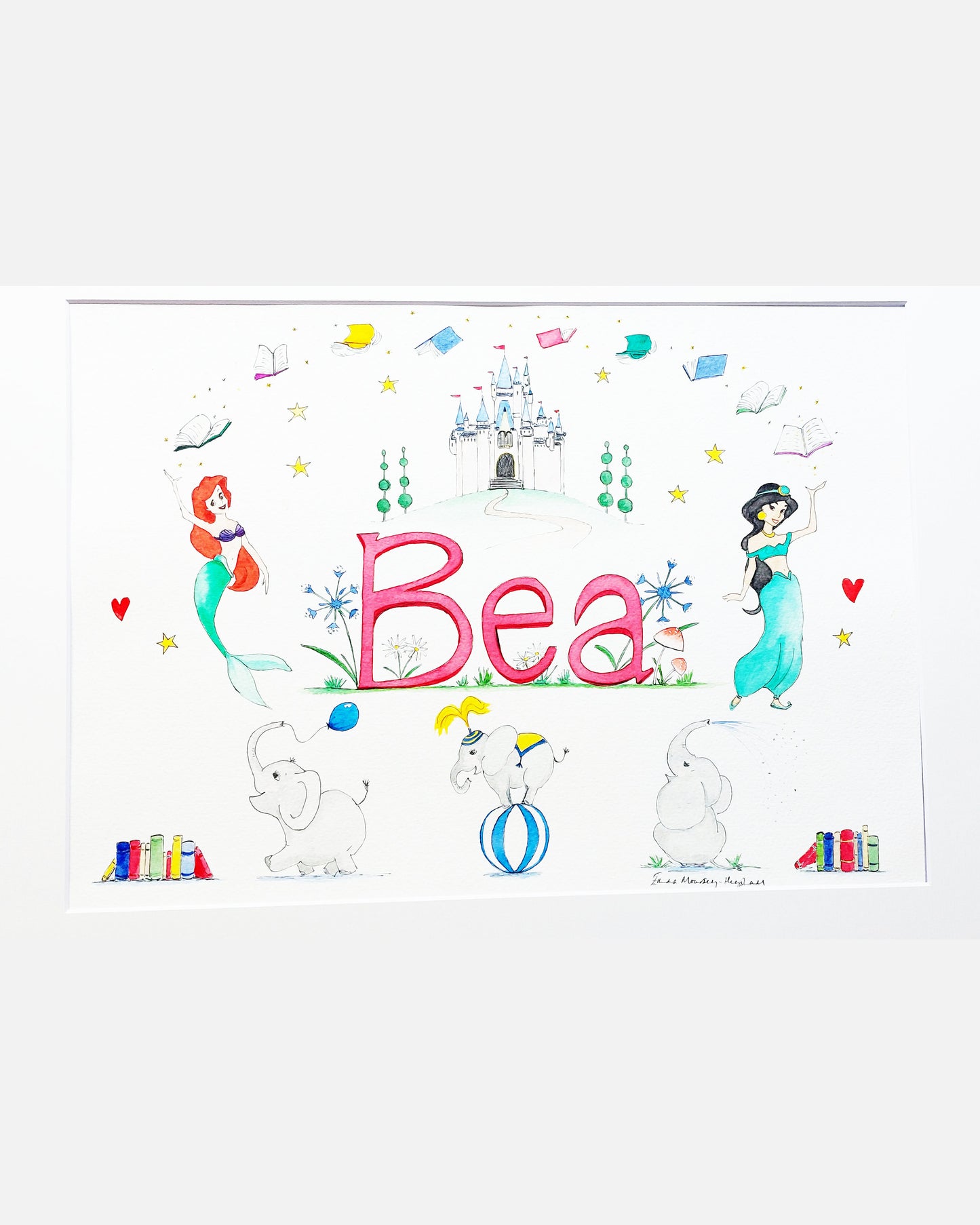 Hand-painted watercolour name painting for nursery decor, featuring the name 'Bea', personalised with a princess and fairytales theme, perfect for children's room wall art.